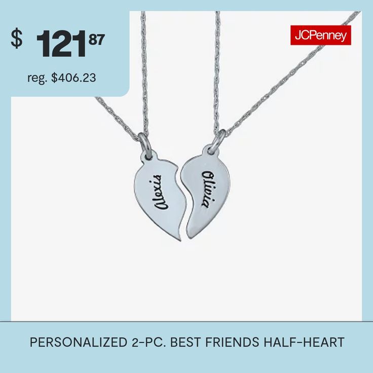 Your friendship completes each other. Be reminded of her faithfulness with these personalized necklaces—each is a half heart that fits like a puzzle piece when placed side by side. Made in America.Personalize: 2 names, up to 10 letters each# Pieces In Set: 2Features: Personalized, Quick ShipJewelry Closure: Spring Ring ClaspMetal Color: WhiteChain Length: 18 InchChain Width: .9 MillimetersChain Construction: RopeCare: Wipe CleanMetal: Sterling SilverNecklace Type: Pendant NecklacesAssembled in … Personalized Double Heart Necklaces For Friendship, Personalized Heart Pendant Necklace For Friendship, Personalized Double Heart Friendship Necklace, Meaningful Sterling Silver Necklace For Friendship, Meaningful Sterling Silver Friendship Necklace, Personalized Heart Necklaces For Friendship, Personalized Heart-shaped Necklaces For Friendship, Customized Sterling Silver Jewelry For Friendship, Valentine's Day Engraved Necklaces