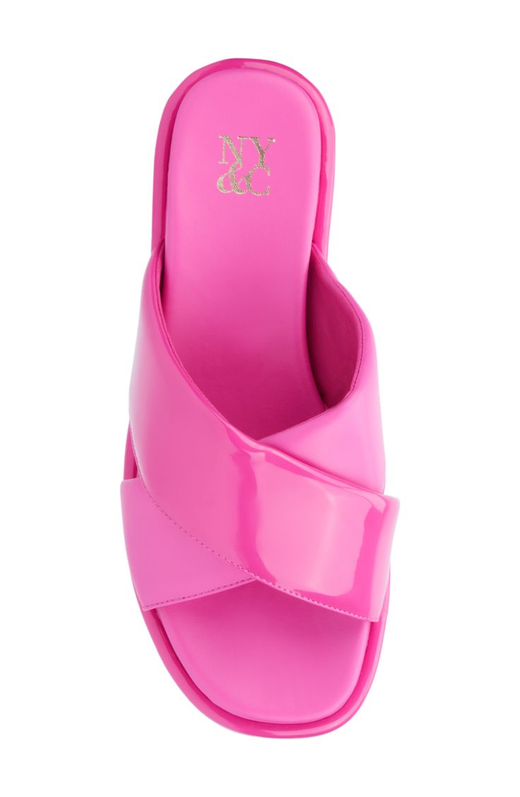 Glossy and matte crossover straps add contemporary charm to a casual slide sandal. Synthetic upper and lining/rubber sole Imported Shoe Gallery, New York And Company, Ladies Shoes, Sandal Women, Future Kids, Slide Sandals, Crossover, Nordstrom Rack, Rubber Sole