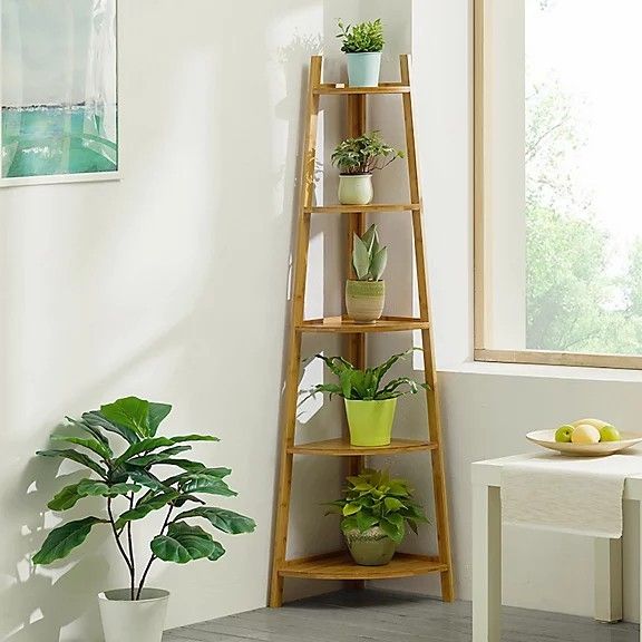 a tall wooden shelf filled with potted plants