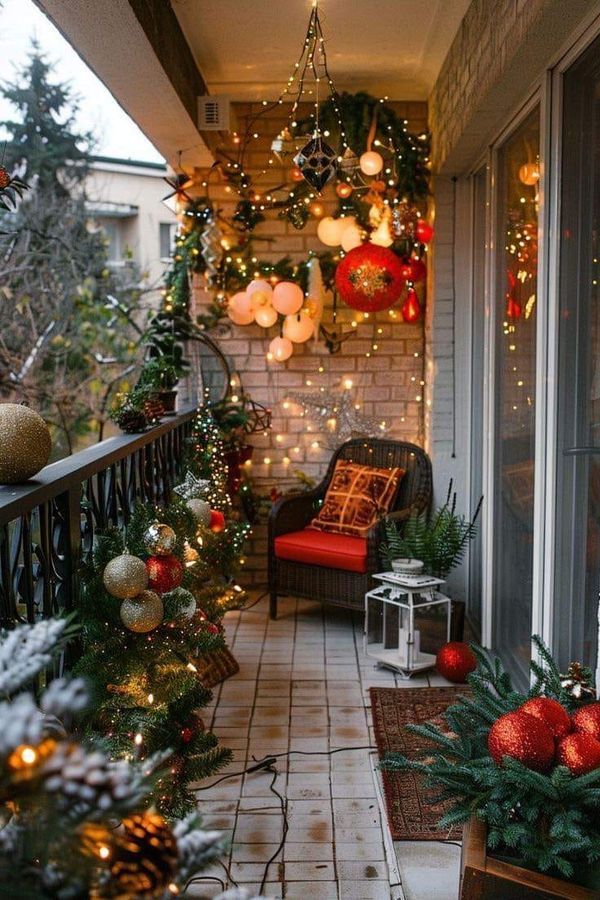 a porch decorated with christmas decorations and lights