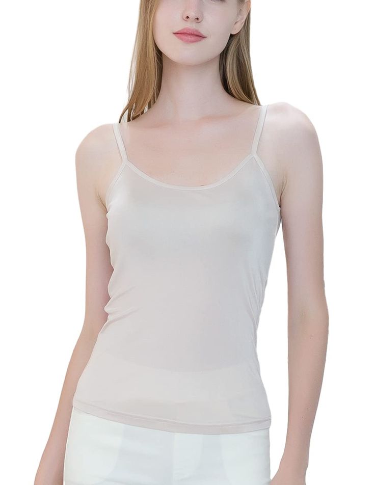 PRICES MAY VARY. ★【NATURALSILK】:100% natural mulberry knit silk for this silk camisole tops,Super soft,smoothly,lightweight,good for sports and leisure, the silk undershirt is very absorbent and breathable, keeping you comfortable all the time. ★【SKIN FRIENDLY】:Natural silk is a type of protein，this silk cami tops is very friendly to your skin,mulberry silk can keep moisture in our skin, is the most hypoallergenic of all fabrics, the perfect choice for sensitive or allergy-prone skin.take care f Cream Camisole With Built-in Bra And Spaghetti Straps, Beige Stretch Cami Tank Top, Elegant Seamless Camisole For Layering, Beige Stretch Camisole Tank Top, Elegant Scoop Neck Camisole, Elegant Stretch Camisole For Layering, Cream Camisole Top With Built-in Bra, Seamless Soft Tops For Layering, Soft Seamless Tops For Layering