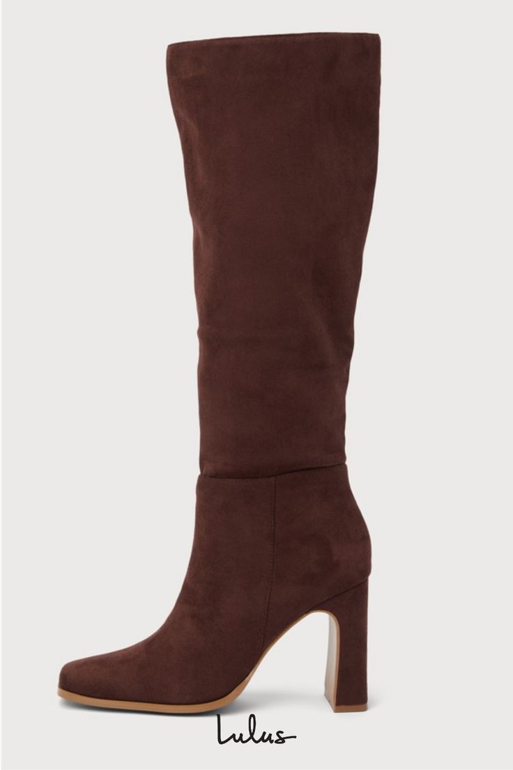 Strut into any room with effortless style with the Lulus Ceceliaa Dark Brown Suede Square Toe Knee-High Boots! Soft faux suede shapes these must-have boots that start with a squared-toe upper that rises to 16"" knee-high shaft with a 15"" circumference and an 18"" zipper at the instep. A sculpted block heel completes the effortlessly chic design! 3. 75" sculpted block heel. Lightly cushioned insole. Felted rubber sole has nonskid markings. All Man Made Materials. Imported. Lulus | Ceceliaa Dark How To Style Knee High Boots, Brown Knee Boots, Fall Heels, Business Casual Fall, Brown Suede Boots, Lulu Fashion, Square Toe Boots, Suede Boots Knee High, Heel Boots