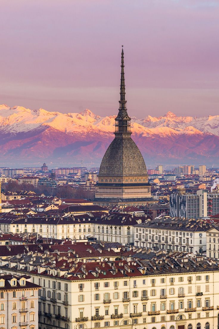 the city is surrounded by tall buildings and snow capped mountains in the distance, as seen from above