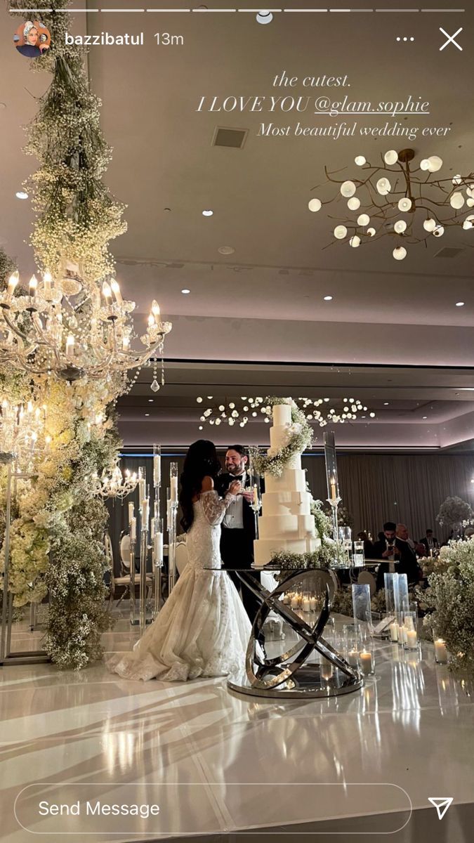 a newly married couple standing in front of a wedding cake