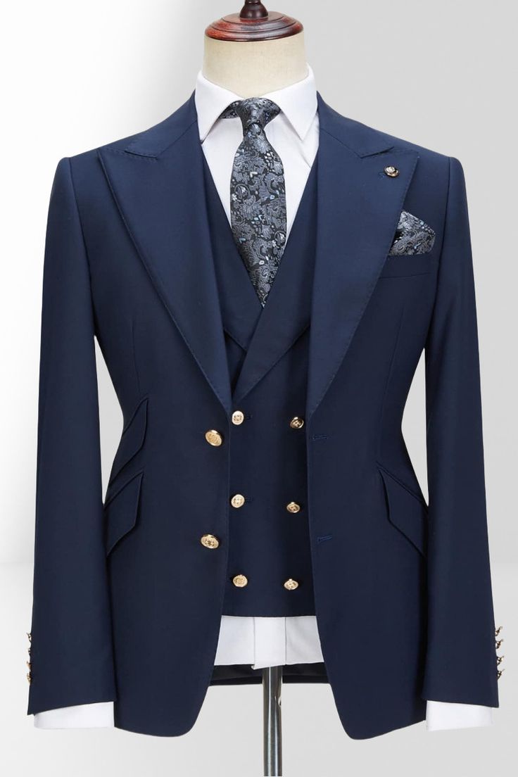 Discover Michell Chic Navy Blue Peaked Collar Three Piece Wedding Suit | Gold Buttons with bradymensuit. Shop for a range of Dark Navy Peaked Lapel men's suits for every occasion with rush order service in cheap price. Classic Royal Blue Tuxedo With Notch Lapel, Navy Fitted Suit For Wedding, Fitted Navy Suit For Wedding, Navy Fitted Wedding Suit, Slim Fit Suiting Fabric Set For Groom, Blue Tuxedo Blazer For Ceremonies, Blue Tuxedo Style Blazer For Ceremonies, Royal Blue Notch Lapel Tuxedo For Wedding, Royal Blue Notch Lapel Suit For Wedding