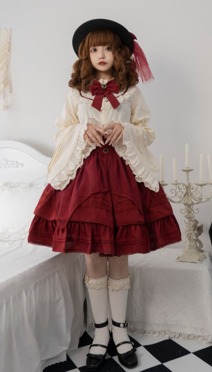 The Stunning Maiden Vintage Classic Lolita Blouse and Skirt Set Lol Ita Dress, Lol Ita Fashion, Magic Girl Outfit, Skirt Reference, Outfit Inspo Vintage, Red Skirt Outfits, Vintage Reference, Lolita Outfit, Magical Girl Outfit