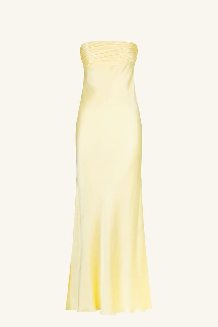 La Lune Strapless Ruched Bodice Maxi Dress | Lemon | Dresses | Shona Joy – Shona Joy International Strapless Ruched Midi Evening Dress, Strapless Ruched Midi Dress For Evening, Pre-draped Maxi Dress With Ruched Bodice For Prom, Spring Silk Strapless Dress With Ruched Bodice, Glamorous Ruched Satin Maxi Dress, Spring Strapless Evening Dress With Ruched Bodice, Satin Maxi Dress With Ruched Bodice For Cocktail, Ruched Satin Maxi Dress With Fitted Bodice, Silk Maxi Dress With Ruched Bodice For Cocktail