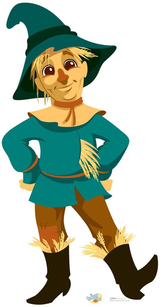 a cartoon scarecrow wearing a green dress and black boots with her hands on her hips