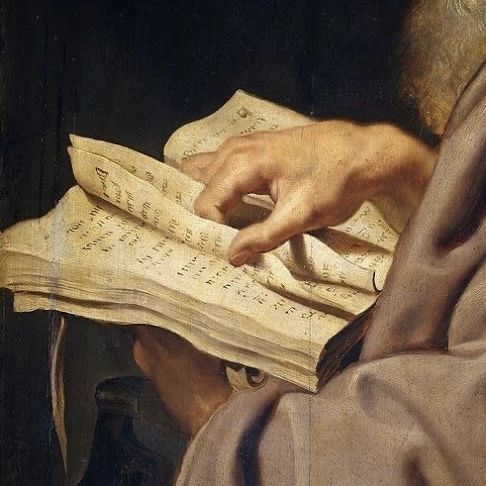 a close up of a painting of a person holding an open book with sheet music on it