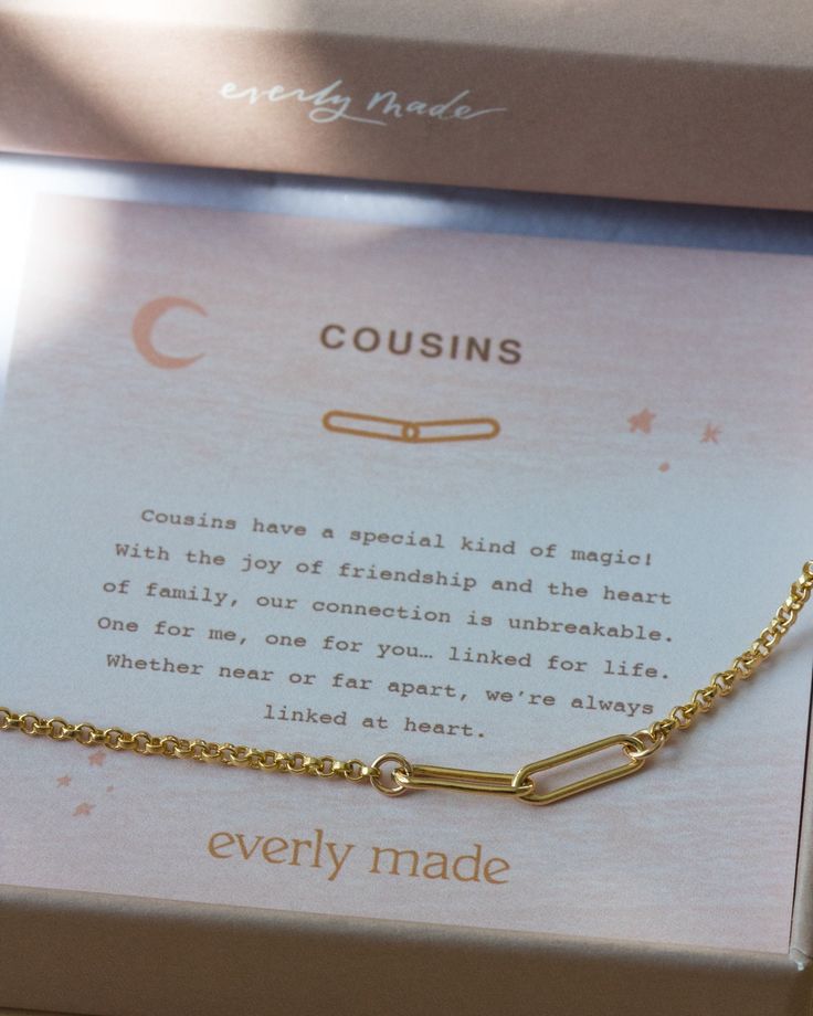 "cousins have a special kind of magic! with the joy of friendship and the heart of family, our connection is unbreakable. one for me, one for you... linked for life. whether near or far apart, we're always linked at heart. this is the chic cousins bracelet you've been looking for! choose up to 8 links to symbolize each person in your family. details: sterling silver, 14kt gold filled, 14kt rose gold filled * comes with product meaning card & in its own gift box * links measure 4 x 14mm * bra Dainty Personalized Friendship Bracelets, Customized Charm Bracelet For Friendship On Mother's Day, Friendship Bracelets For Mother's Day, Personalized Friendship Bracelets For Father's Day, Customizable Friendship Bracelets For Valentine's Day, Gold Friendship Bracelets For Birthday And Mother's Day, Personalized Gold Friendship Bracelets As Gift, Personalized Gold Friendship Bracelets For Gift, Personalized Gold Friendship Bracelet As Gift