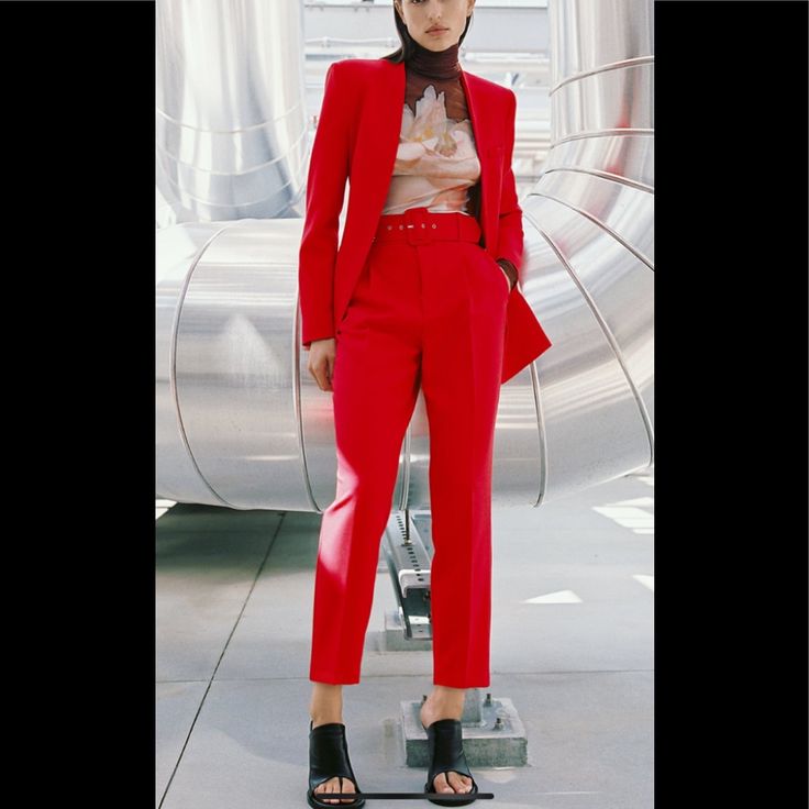 Zara Pants With Fabric-Covered- Belt Beautiful Red Color Chic Red Suits For Fall, Elegant Fitted Red Dress Pants, Red Trousers With Pockets, Red Suit For Spring Party, Red Suits For Spring Party, Red Spring Party Suit, Chic Red Pants With Pockets, Red Dress Pants With Pockets For Spring, Red Fall Pantsuit For Party