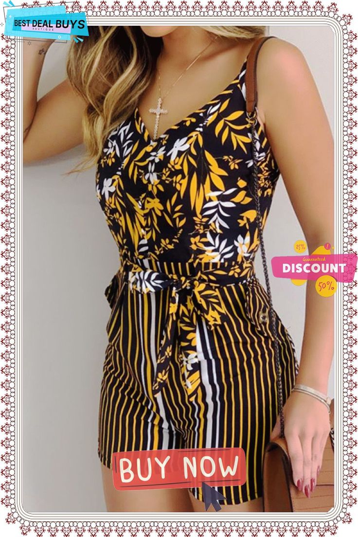 Casual Print Patchwork Spaghetti Strap Straight Jumpsuits Bohemian Rompers, Winter Romper, Belt Jumpsuit, Casual Rompers, Striped Rompers, Striped Jumpsuit, Casual Stripes, Suspender Belt, Romper With Skirt