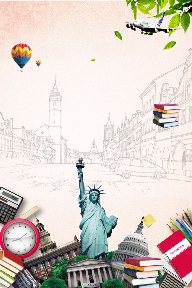 the statue of liberty is surrounded by many books and other things that are flying in the air