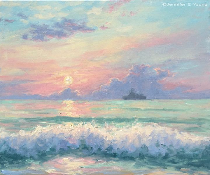 an oil painting of the ocean with a ship in the distance