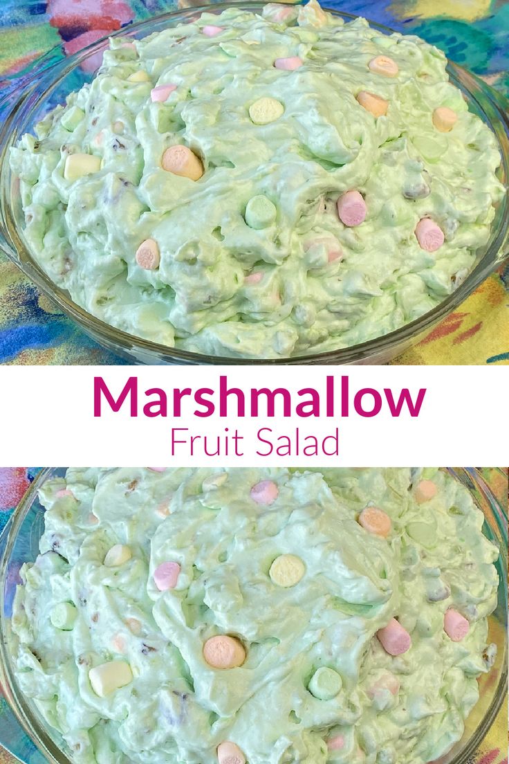 Collage of marshmallow salad in a vintage bowl on a colorful napkin with text Green Jello With Marshmallows, Easter Marshmallow Salad, Easter Fluff Salad Mini Marshmallows, Thanksgiving Marshmallow Salad, Green Marshmallow Salad, Fruit Marshmallow Recipes, Salads With Marshmallows, Pistachio Marshmallow Salad, Fun Fruit Appetizers