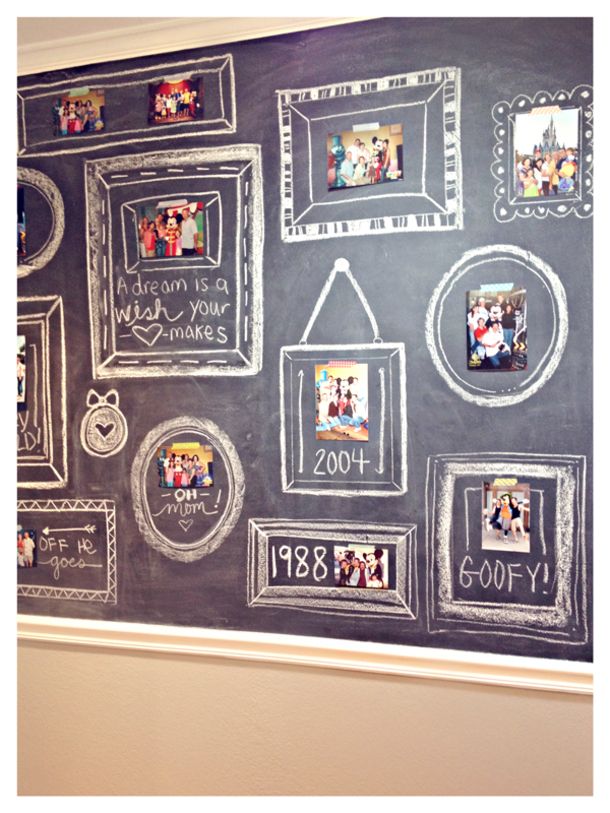 a chalkboard with pictures on it in front of a wall that has multiple frames