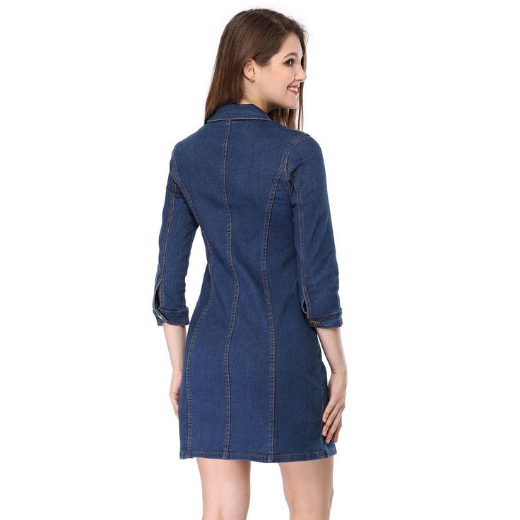 Enliven your wardrobe with this cute denim shirt dress. This piece is cut to a flattering mini length and features a classic collar neckline and the front button placket. It creates a feminine silhouette and is finished with shiny buttons and contrast stitching. Pair it with canvas trainers for the perfect off-duty ensemble. Occasion: holiday, weekend gathering, daily wear, etc. Button-up Denim Mini Dress For Work, Denim Button-up Mini Dress For Work, Casual Collared Single-breasted Shirt Dress, Casual Collared Shirt Dress With Single Breasted Detail, Collared Denim Dress With Button Closure For Work, Button-up Denim Blue Mini Dress With Pockets, Denim Blue Button-up Mini Dress With Pockets, Fitted Collared Denim Dress, Fitted Denim Shirt Dress With Button Closure