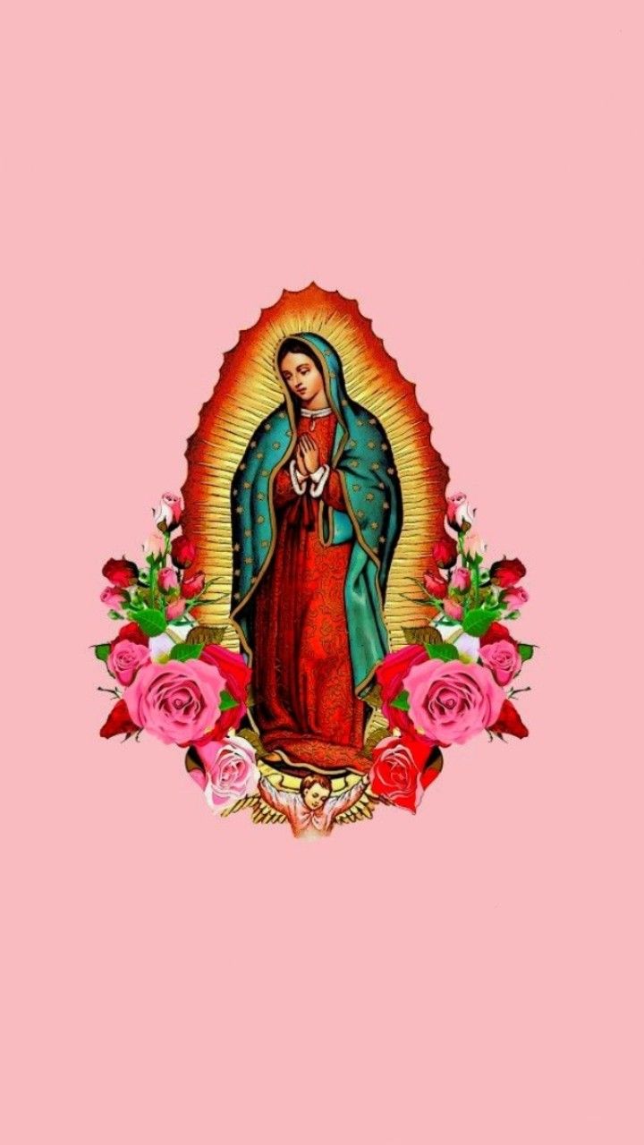 an image of the virgin mary with roses and flowers on a pink background stock photo