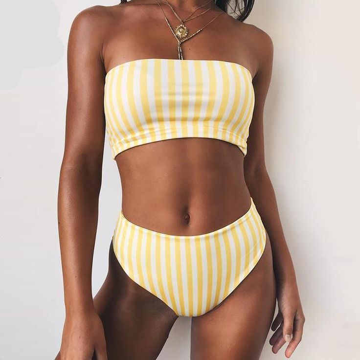 Retro Yellow Striped Strapless Bikini Striped Bandeau Tube Top For Summer, Yellow Bandeau Swimwear For Summer, Yellow Strapless Swimwear For Poolside, Yellow Summer Tube Top For Beach, Yellow Strapless Swimwear For Beach, Yellow Strapless Swimwear For Summer, Yellow Strapless Swimwear For Beach Party, Yellow Strapless Beachwear Swimwear, Yellow Bandeau Tube Top For Beach