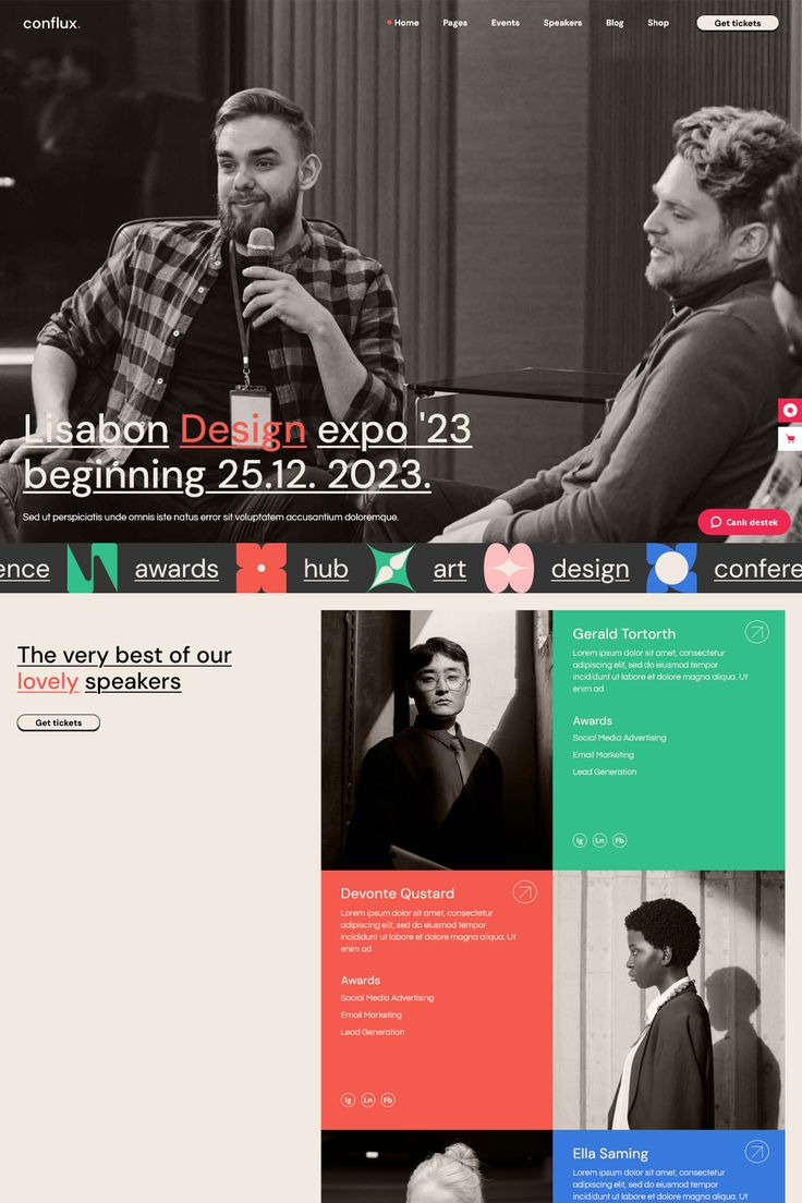 an image of a web page with two men talking and one woman holding a microphone