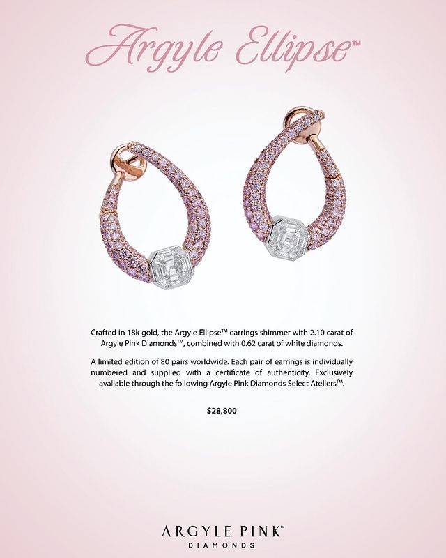 Crafted in 18k gold, the Argyle Ellipse™ earrings shimmer with 2.10 carats of Argyle Pink Diamonds™ combined with 0.62 carat of white diamonds. These beauties are a collectable and part of a limited edition collection of 80 worldwide. Pink Diamond Earrings, Argyle Pink Diamonds, Pink Diamonds, Pink Diamond, White Diamonds, Diamond White, Diamond Earrings, 18k Gold, Limited Edition