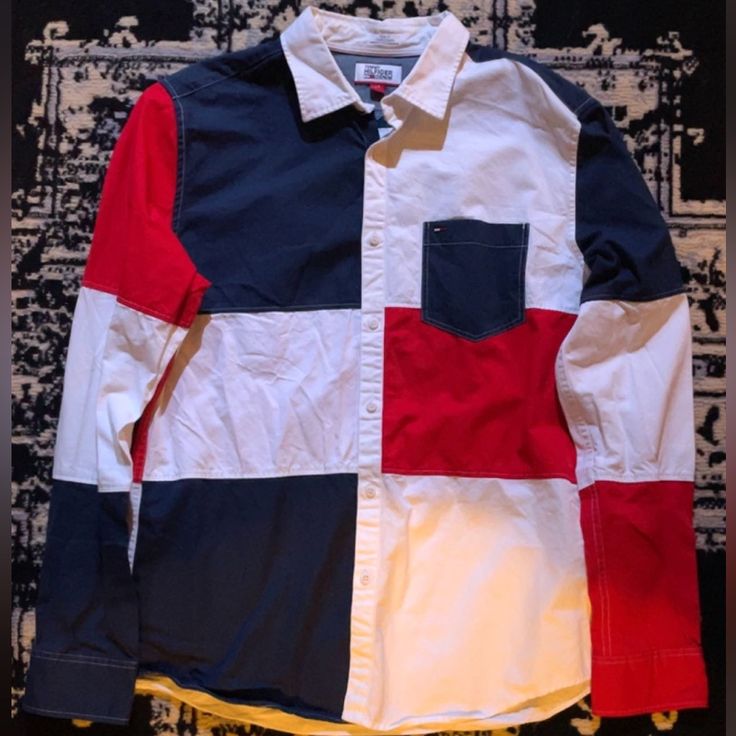 Authentic Tommy Hilfiger Button Up Shirt. Mint Condition, Never Worn. Size - Large/Slim Fit Casual Button-up Patchwork Shirt, Casual Patchwork Button-up Shirt, White Button-up Shirt With Patchwork, Tommy Hilfiger Cotton Button-up Shirt, Tommy Hilfiger Casual Button-up Shirt, Tommy Hilfiger Red Long Sleeve Shirt, Tommy Hilfiger Fitted Casual Shirt, Fitted Casual Tommy Hilfiger Shirt, Red Patchwork Button-up Tops