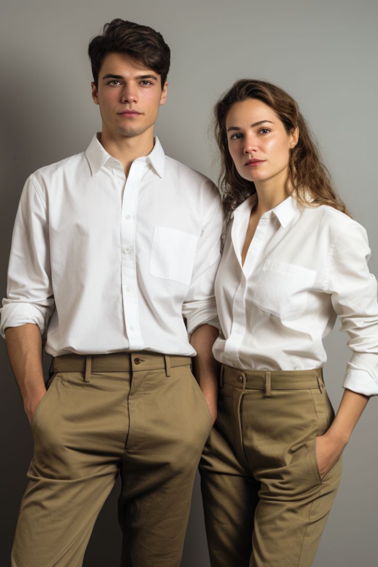 Crisp White Shirt with Khaki Pants Khaki And White Outfits, Pant Shirt Combination Men, Shirt Combination Men, White Shirt Outfit For Men, Shirt Combination, Couple Clothes, White Shirt Outfits, Classy Outfits Men, Couple Dress