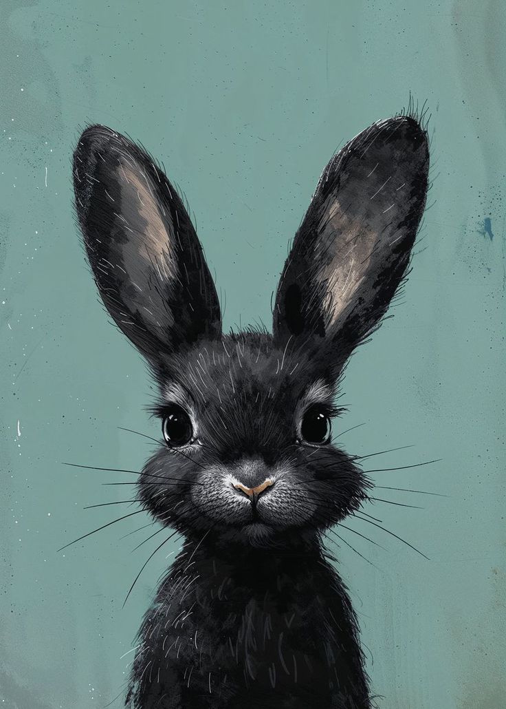 a painting of a black bunny rabbit with big ears and large eyes, sitting in front of a blue background