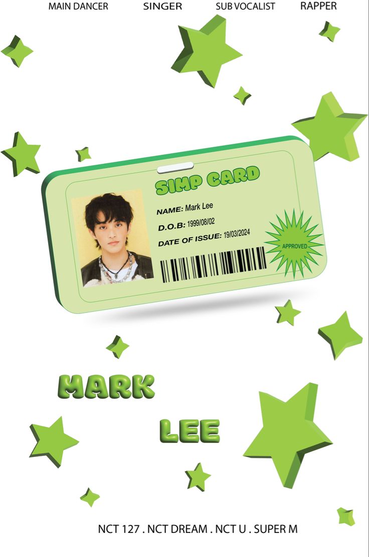 a green and white id card with the name mark lee on it, surrounded by stars