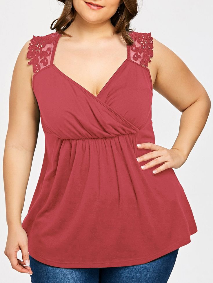 Plus Size Lace Trim Empire Waist Tank Top - Watermelon Red - 3H52622517 - Original Design-Women's Clothing  #OriginalDesignWomensClothing #Original #DesignWomen's #Clothing Sleeveless Lace Bodice Top For Spring, Spring Lace Bodice Cami Top, Sleeveless Top With Lace Bodice For Spring, Spring Sleeveless Top With Lace Bodice, Spring Cami Top With Lace Bodice, V-neck Lace Tank Top, Spring Lace Bodice Sleeveless Camisole, Sleeveless Lace Bodice Top, Summer Lace Tank Top With Lace Bodice