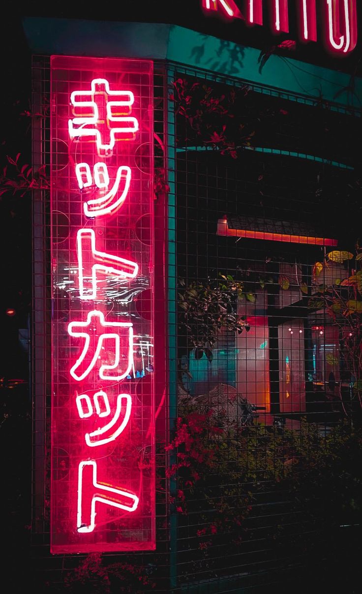 a red neon sign that is on the side of a building