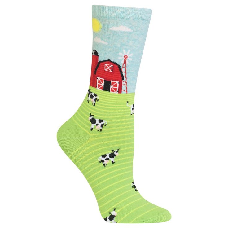 Farm Scene Green Women’s Crew Sock size 9-11 (Fits shoe size 4-10.5) HOTSOX Playful Fitted Cotton Socks, Cotton Socks For Spring Stocking Stuffers, Fun Green Cotton Socks, Scene Green, Farm Scene, Crew Sock, S Crew, Country Life, Socks Women