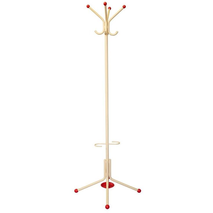 a white coat rack with three red balls on the top and two poles attached to it