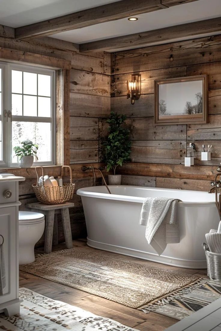 a bathroom with wooden walls and flooring has a white bathtub in the center