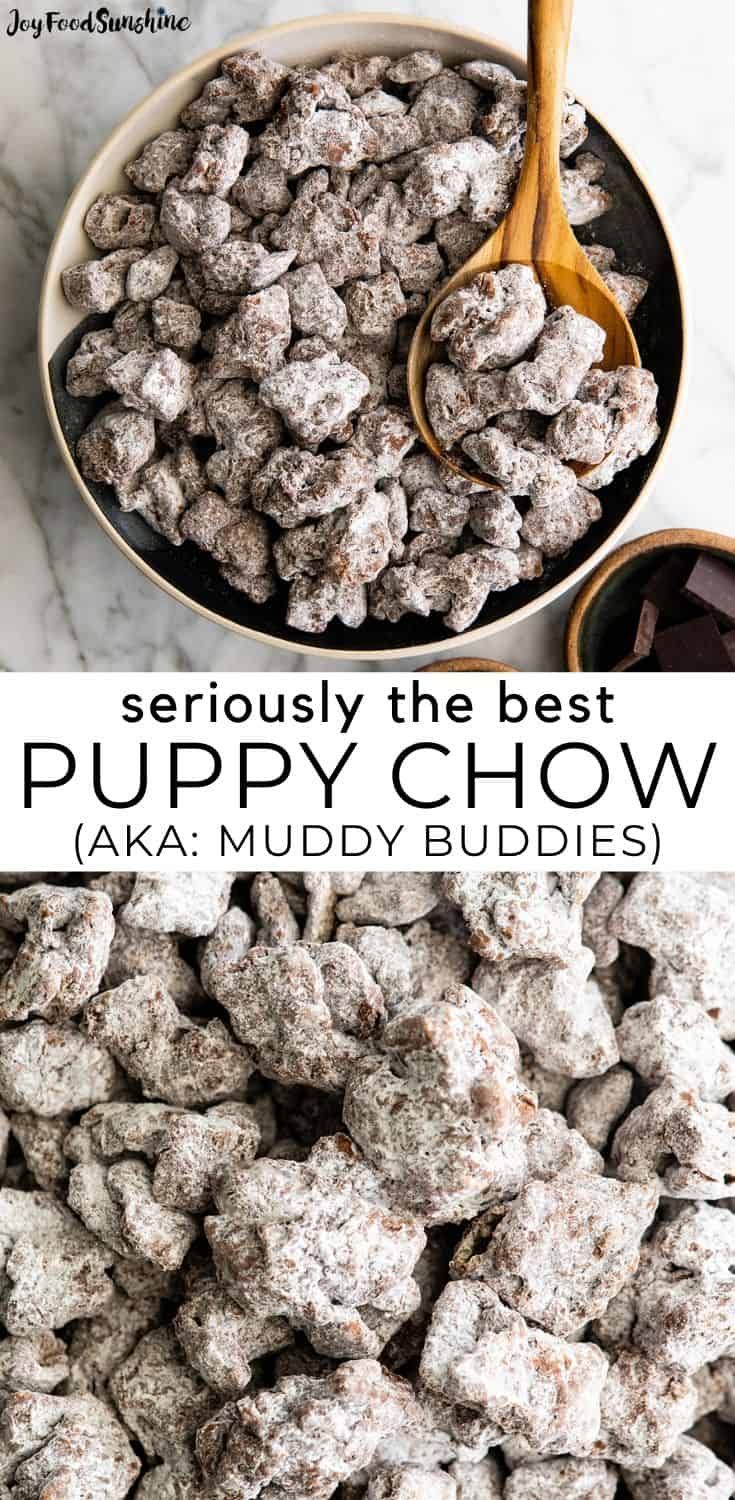 two bowls filled with puppy chow next to each other and the words seriously the best puppy chow