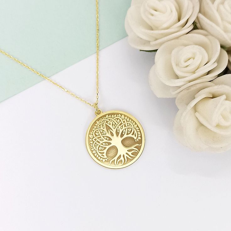 14k Solid Gold Tree Of Life Necklace Charm For Women, Tree Of Life Disc Pendant, Yggdrasil Necklace, Celtic Jewelry, Engraved Tree Of Life  ⬇️ Click for other chain models: ⬇️ https://www.etsy.com/listing/1699020677/chain-necklace-925-sterling-silver-chain?click_key=90aca993e7f19c24d0ee2642cd1c7d0d1b4eb76f%3A1699020677&click_sum=b6dc47ca&ref=shop_home_active_20&pro=1&sts=1 🔎 Material: in 925 sterling silver and 14k solid gold ⛓️📏 Chain length: 17.7 inches (45cm), 19.6 inches (50cm), 21,6 inche Sterling Silver Yellow Gold Tree Of Life Necklace, Yellow Gold Sterling Silver Tree Of Life Necklace, Nature-inspired Tree Of Life Round Jewelry, Symbolic Gold Jewelry With Tree Of Life, Gold Tree Of Life Nature-inspired Jewelry, Engraved Gold Nature-inspired Necklace, Nature-inspired Yellow Gold Nickel-free Jewelry, Nature-inspired Engraved Gold Necklace, 14k Gold Tree Of Life Jewelry Gift