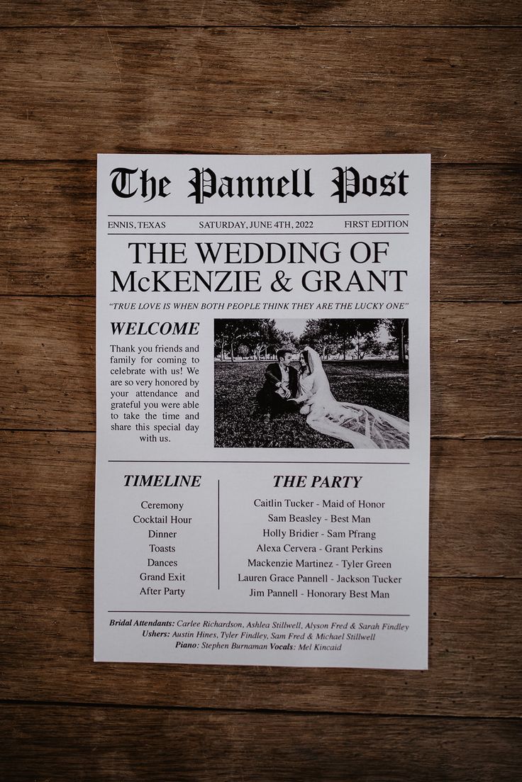 a wedding program is displayed on a wooden table with the words, the married of mckenzie and grant