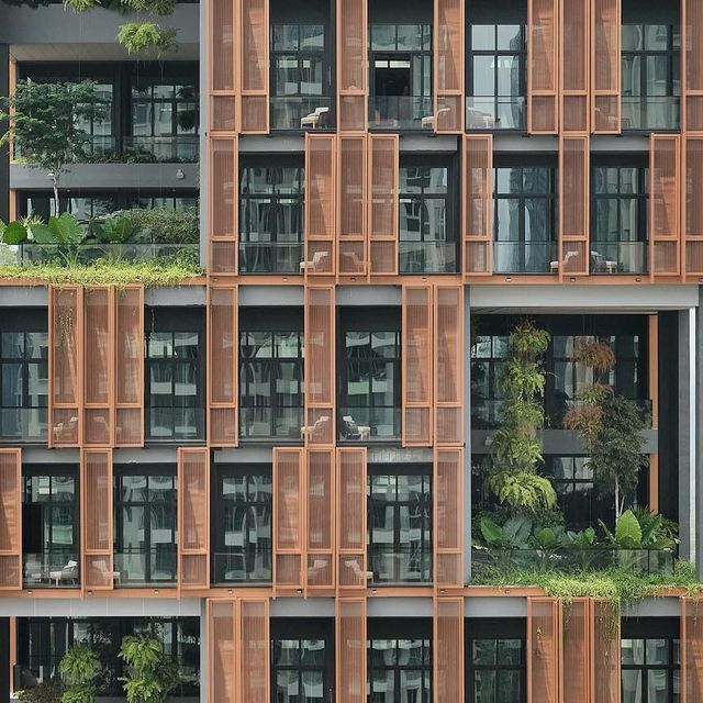 an apartment building with many windows and plants growing on the balconies