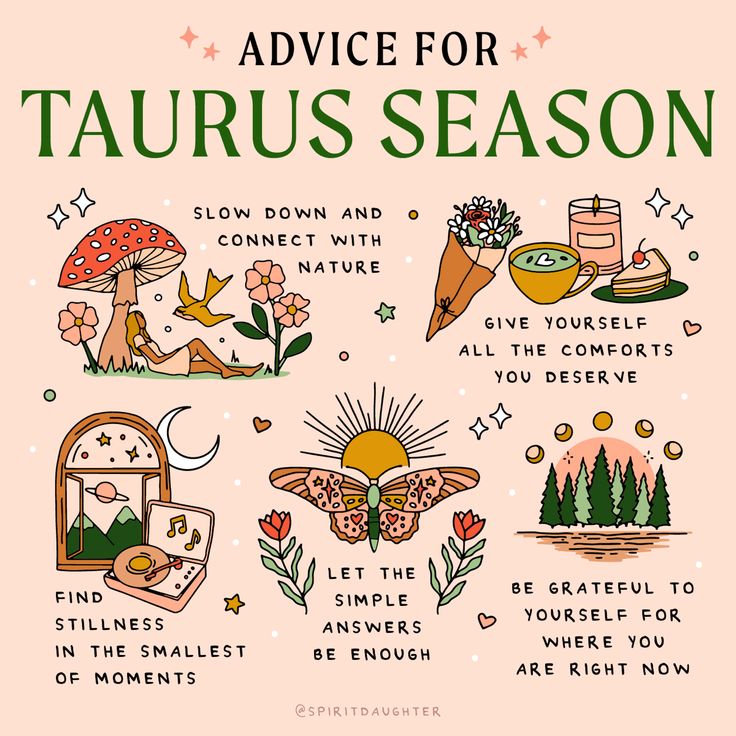 the advice for taurus season is shown in this hand - drawn style, with illustrations on