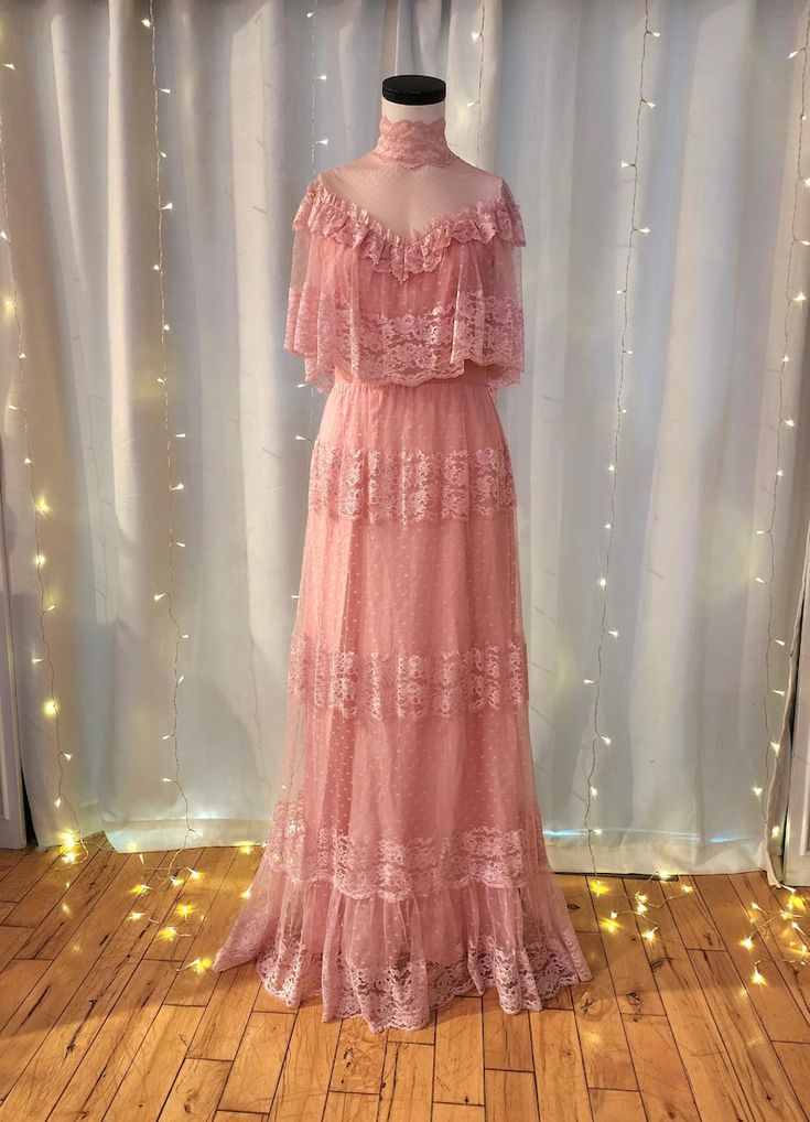 Romantic 1970s Pink Lace Gown, Size 4 - Etsy Pink Victorian Dress, Pink Victorian, Seventies Fashion, Lace Gown, Pink Lace, Favorite Things Gift, Labour Day, Victorian Dress, 1970s