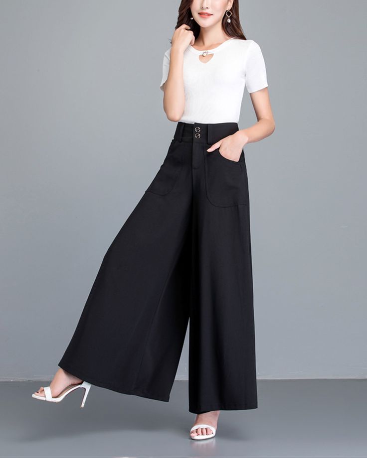 * A wide leg skirt shaped pants, made of quality cotton blends, very smooth and comfortable. * With two pockets, they are big enough for your hands. * A-line shape, make you look more taller and thinner. * Material: 95% polyester, 5% spandex * Let us know your usual size in your country and your overall height. * Can custom make waist size and length. * Size: True to US size, US 0-US 20 are available, you can let us know your usual size and height in your order. * Shipping: Free shipping Process Cotton Wide Leg Bottoms, Elegant Cotton Wide Leg Pants, Chic Baggy Wide Leg Bottoms, High-waisted Cotton Wide Leg Pants, Cotton High-waisted Wide Leg Pants, Non-stretch Wide Leg Harem Pants For Work, Elegant Wide Leg Cotton Pants, Chic High-waist Baggy Harem Pants, Wide Leg Pants With Loosely Fitted Hips