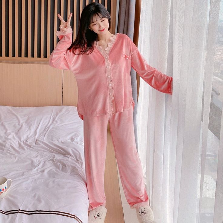 Every girl needs a good set of pajamas. A set of PJs is perfect for lounging around the house or for sleeping. But not just any set of PJs will do. The perfect set should be made of comfortable, soft, and breathable fabric. The perfect set should also have all the features a girl needs, like a button-up top and bottom. This 3PCS Pink Lady Pajamas Sets are just what every girl needs to feel comfortable and stylish at home. This 3 piece pajamas set is all you need to help relax at home. They are s Velvet Sleepwear, Pajamas Sets, Pink Lady, Girl Needs, Home Wear, Pajamas Set, Pajama Set Women, Shirt And Pants, Wear Pink