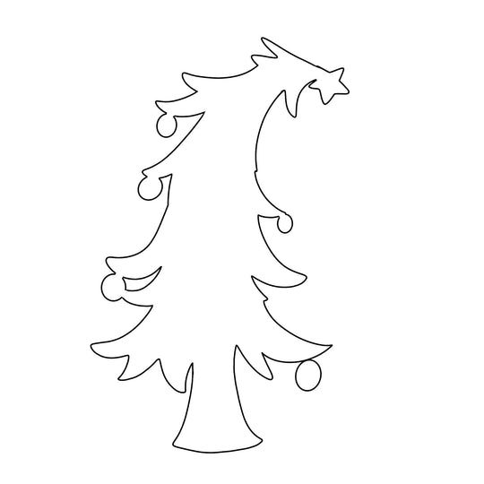 a simple christmas tree with ornaments on the top and bottom, outlined in black ink