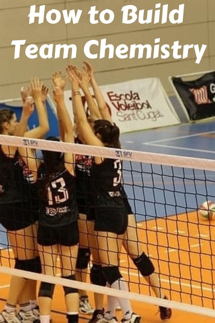 four girls in black uniforms are playing volleyball on an indoor court with the words how to build team chemistry