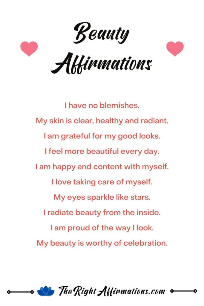 the poem for beauty affirmationss is shown in pink and black with hearts on it