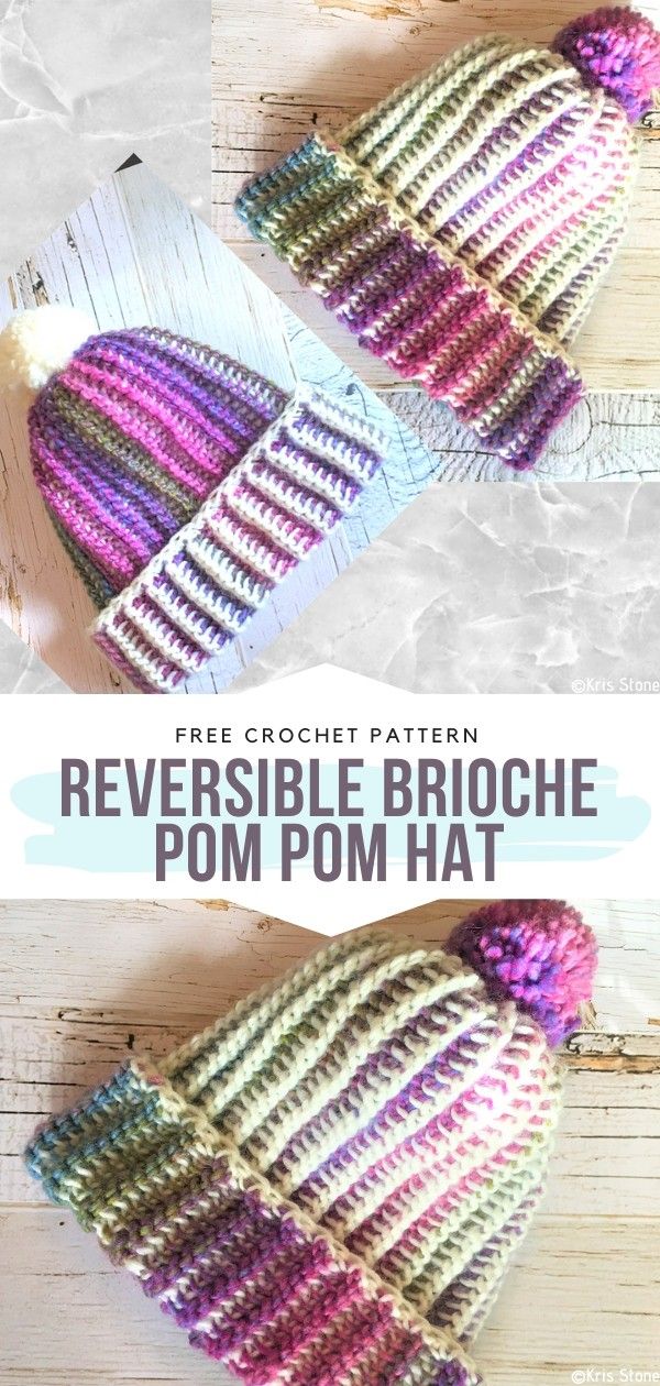 two knitted hats with text that reads free crochet pattern reversible brioche pom - pom hat