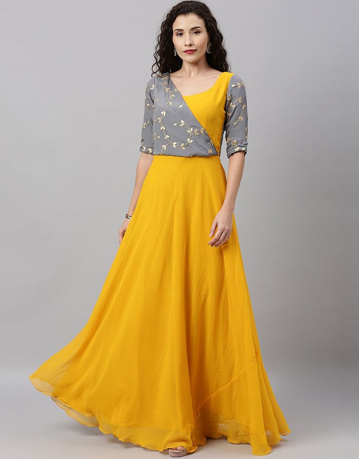 Designer Party Wear Readymade Long Dress Yellow Georgette Pant Dress Front View Short Sleeve Dresses For Spring Celebration, Short Sleeve Maxi Dress For Festive Party, Festive Short Sleeve Maxi Dress For Party, Festive Party Maxi Dress With Short Sleeves, Yellow V-neck Party Gown, Short Sleeve Dresses For Celebrations, Fitted Floor-length Dress For Fancy Dress Occasions, Fitted Floor-length Dress For Fancy Dress, Fitted Floor-length Dress For Fancy Events