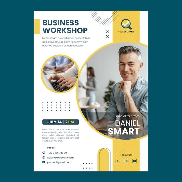 a flyer for a business workshop with an image of a man working on a laptop