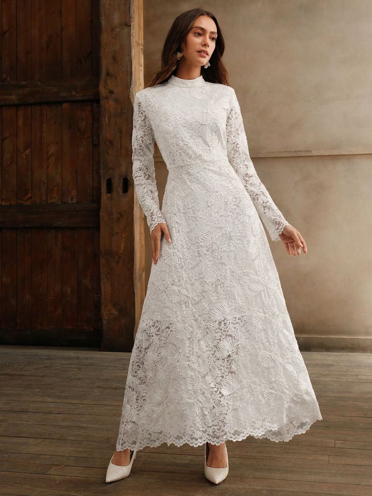 Vintage French-Style High Neck Long Sleeve White Dress With Embroidery, Elegant Slim-Fit White Elegant  Long Sleeve Embroidery Plain A Line Non-Stretch  Women Clothing, size features are:Bust: ,Length: ,Sleeve Length: Long Sleeve White Dress, Sleeve Embroidery, Dress With Embroidery, White Long Sleeve Dress, High Neck Long Sleeve, Women's Shapewear, Women Long Dresses, Inspiration Mode, Styl Vintage