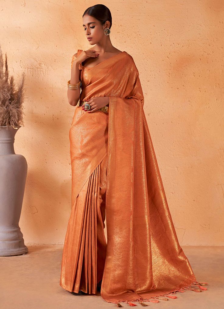 Tangerine Brocade Detailed Kanjivaram Silk Saree Rust Orange Silk Saree, Saree For Diwali, Fabric Palette, Fantastic Dress, Reception Saree, Classic Saree, Wedding Sarees Online, Indian Wedding Saree, Karva Chauth